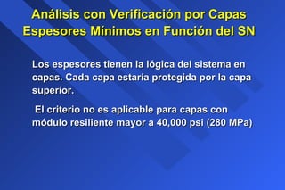 Análisis con Verificación por CapasAnálisis con Verificación por Capas
Espesores Mínimos en Función del SNEspesores Mínimos en Función del SN
Los espesores tienen la lógica del sistema enLos espesores tienen la lógica del sistema en
capas. Cada capa estaría protegida por la capacapas. Cada capa estaría protegida por la capa
superior.superior.
El criterio no es aplicable para capas conEl criterio no es aplicable para capas con
módulo resiliente mayor a 40,000 psi (280 MPa)módulo resiliente mayor a 40,000 psi (280 MPa)
 