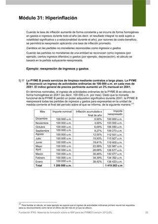 Módulo 31: Hiperinflación

        Cuando la tasa de inflación aumente de forma constante y se incurra de forma homogénea
        en gastos e ingresos durante todo el año (es decir, el resultado integral no está sujeto a
        volatilidad significativa o a estacionalidad durante el año), por razones de costo-beneficio,
        se permitirá la reexpresión aplicando una tasa de inflación promedio.
        Cambios en las partidas no monetarias reconocidas como ingresos o gastos
        Cuando las partidas no monetarias de una entidad se reconocen como ingresos (por
        ejemplo, ciertos ingresos diferidos) o gastos (por ejemplo, depreciación), el cálculo se
        basará en la partida subyacente reexpresada.


        Ejemplo: reexpresión de ingresos y gastos


Ej 17 La PYME B presta servicios de limpieza mediante contratos a largo plazo. La PYME
      B reconoció un ingreso de actividades ordinarias de 100 000 u.m. en cada mes de
      20X1. El índice general de precios pertinente aumentó un 3% mensual en 20X1.
        En términos nominales, el ingreso de actividades ordinarias de la PYME B se obtuvo de
        forma homogénea en 20X1 (es decir, 100 000 u.m. por mes). Dado que la moneda
        funcional de la PYME B perdió un poder adquisitivo significativo durante 20X1, la PYME B
        reexpresará todas las partidas de ingresos y gastos para expresarlas en la unidad de
        medida corriente al final del período sobre el que se informa, de la siguiente manera: (7)

                      Mes           Importe nominal           Inflación acumulada a                 Importe
                                                                         final de año           reexpresado
                  Diciembre             100 000 u.m.                           0,00%           100 000 u.m.
                  Noviembre             100 000 u.m.                           3,00%           103 000 u.m.
                  Octubre               100 000 u.m.                           6,09%           106 090 u.m.
                  Septiembre            100 000 u.m.                           9,27%           109 273 u.m.
                  Agosto                100 000 u.m.                          12,55%          112 551 u.m.
                  Julio                 100 000 u.m.                          15,93%          115 927 u.m.
                  Junio                 100 000 u.m.                          19,41%          119 405 u.m.
                  Mayo                  100 000 u.m.                          22,99%          122 987 u.m.
                  Abril                 100 000 u.m.                          26,68%          126 677 u.m.
                  Marzo                 100 000 u.m.                          30,48%          130 477 u.m.
                  Febrero               100 000 u.m.                          34,39%          134 392 u.m.
                  Enero                 100 000 u.m.                          38,42%          138 423 u.m.
                  Total              1 200 000 u.m.                                          1 419 202 u.m




(7)
   Para facilitar el cálculo, en este ejemplo se supone que el ingreso de actividades ordinarias primero reunió los requisitos
para su reconocimiento como tal en el último día del mes en el que se obtuvo.

Fundación IFRS: Material de formación sobre la NIIF para las PYMES (versión 2012-05)                                             25
 