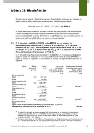 Módulo 31: Hiperinflación

      Debido a que la tasa de inflación y los ingresos de actividades ordinarias son estables, se
      podría utilizar una tasa de inflación anual promedio, de la siguiente manera:


                           1 200 000 u.m. x {[(1 + 0,03) ^ 12] ^ 0,5} = 1 432 863 u.m.


      Si bien la reexpresión con tasas promedio no suele dar como resultado las mismas cifras
      exactas en comparación con la reexpresión transacción por transacción, la conversión
      promedio es aceptable solo si la diferencia no es significativa. En ausencia de evidencia en
      contrario, en este ejemplo la diferencia parece no ser significativa.


Ej 18 El 31 de octubre de 20X2, la PYME C recibe 200 000 u.m. en efectivo (no
      reembolsable) por servicios que se prestarán el 30 noviembre (50%) y el 31 de
      diciembre de 20X2 (50%). El índice general de precios pertinente es de 200 el 31 de
      octubre de 20X2, 300 el 30 de noviembre de 20X2, y 400 el 31 de diciembre de 20X2
      (fecha de los estados financieros de la PYME C).
      El 31 de octubre de 20X2, la contraprestación de 200 000 u.m. recibida por anticipado se
      reconoce como una obligación de servicio (partida no monetaria). Cuando la PYME C
      preste el servicio, la obligación se reducirá con un importe correspondiente reconocido en
      ingresos.


                  Fecha         Índice          Pasivo               Ingreso de      Ingreso de actividades
                            general de            u.m.              actividades      ordinarias reexpresado
                               precios                     ordinarias a la fecha              hasta el 31 de
                                                             de reconocimiento           diciembre de 20X2
                                                                            u.m.                        u.m.
 31 de octubre de
 20X2                          200      200 000                      –                                       –
 ajuste                                 100 000
 30 de noviembre de
 20X2                          300     300 000(a)
 30 de noviembre de
 20X2                               (150 000) (a)           150 000(a)                             200 000 (c)
 1 de diciembre de
 20X2                                   150 000
 ajuste                                   50 000
 31 de diciembre de
 20X2                                  200 000(b)
 31 de diciembre de                                        200 000 (b)
                                               (b)
 20X2                          400 (200 000)                                                       200 000 (d)
 31 de diciembre de
 20X2                                           –
 Ingreso total de actividades ordinarias reexpresado para el período
 de dos meses finalizado el 31 de diciembre de 20X2                                                  400 000


      (a)
            El pasivo no monetario se reexpresa desde el 31 de octubre al 30 de noviembre multiplicando el
            importe original de 200 000 u.m. por 300/200 del índice general de precios. El 50% del importe
            reexpresado (300 000 u.m.) se reconoce luego como ingreso de actividades ordinarias el 30 de
            noviembre de 20X2 = 150 000 u.m.
      (b)
            El pasivo no monetario de 150 000 u.m. al 1 de diciembre de 20X2 se reexpresa el 31 de diciembre de
            20X2 multiplicando 150 000 u.m. por 400/300 del índice general de precios = 200 000 u.m. El 31 de


Fundación IFRS: Material de formación sobre la NIIF para las PYMES (versión 2012-05)                              26
 