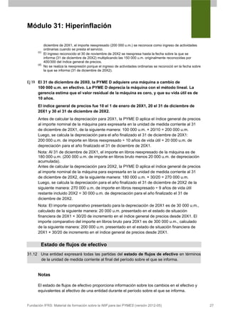 Módulo 31: Hiperinflación

            diciembre de 20X1, el importe reexpresado (200 000 u.m.) se reconoce como ingreso de actividades
            ordinarias cuando se presta el servicio.
      (c)
            El ingreso reconocido el 30 de noviembre de 20X2 se reexpresa hasta la fecha sobre la que se
            informa (31 de diciembre de 20X2) multiplicando las 150 000 u.m. originalmente reconocidas por
            400/300 del índice general de precios.
      (d)
            No se realiza la reexpresión porque el ingreso de actividades ordinarias se reconoció en la fecha sobre
            la que se informa (31 de diciembre de 20X2).


Ej 19 El 31 de diciembre de 20X0, la PYME D adquiere una máquina a cambio de
      100 000 u.m. en efectivo. La PYME D deprecia la máquina con el método lineal. La
      gerencia estima que el valor residual de la máquina es cero, y que su vida útil es de
      10 años.
      El índice general de precios fue 10 el 1 de enero de 20X1, 20 el 31 de diciembre de
      20X1 y 30 el 31 de diciembre de 20X2.
      Antes de calcular la depreciación para 20X1, la PYME D aplica el índice general de precios
      al importe nominal de la máquina para expresarla en la unidad de medida corriente al 31
      de diciembre de 20X1, de la siguiente manera: 100 000 u.m. × 20/10 = 200 000 u.m.
      Luego, se calcula la depreciación para el año finalizado el 31 de diciembre de 20X1:
      200 000 u.m. de importe en libros reexpresado ÷ 10 años de vida útil = 20 000 u.m. de
      depreciación para el año finalizado el 31 de diciembre de 20X1.
      Nota: Al 31 de diciembre de 20X1, el importe en libros reexpresado de la máquina es de
      180 000 u.m. (200 000 u.m. de importe en libros bruto menos 20 000 u.m. de depreciación
      acumulada).
      Antes de calcular la depreciación para 20X2, la PYME D aplica el índice general de precios
      al importe nominal de la máquina para expresarla en la unidad de medida corriente al 31
      de diciembre de 20X2, de la siguiente manera: 180 000 u.m. × 30/20 = 270 000 u.m.
      Luego, se calcula la depreciación para el año finalizado el 31 de diciembre de 20X2 de la
      siguiente manera: 270 000 u.m. de importe en libros reexpresado ÷ 9 años de vida útil
      restante incluido 20X2 = 30 000 u.m. de depreciación para el año finalizado el 31 de
      diciembre de 20X2.
      Nota: El importe comparativo presentado para la depreciación de 20X1 es de 30 000 u.m.,
      calculado de la siguiente manera: 20 000 u.m. presentado en el estado de situación
      financiera de 20X1 × 30/20 de incremento en el índice general de precios desde 20X1. El
      importe comparativo del importe en libros bruto para 20X1 es de 300 000 u.m., calculado
      de la siguiente manera: 200 000 u.m. presentado en el estado de situación financiera de
      20X1 × 30/20 de incremento en el índice general de precios desde 20X1.


        Estado de flujos de efectivo
31.12 Una entidad expresará todas las partidas del estado de flujos de efectivo en términos
      de la unidad de medida corriente al final del período sobre el que se informa.


      Notas

      El estado de flujos de efectivo proporciona información sobre los cambios en el efectivo y
      equivalentes al efectivo de una entidad durante el período sobre el que se informa.


Fundación IFRS: Material de formación sobre la NIIF para las PYMES (versión 2012-05)                                  27
 
