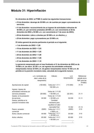 Módulo 31: Hiperinflación

      En diciembre de 20X2, la PYME A realizó las siguientes transacciones:
      • 10 de diciembre: devengo de 30 000 u.m. de cuentas por pagar a proveedores de
        servicios;
      • 11 de diciembre: reconocimiento de un ingreso de actividades ordinarias de
        50 000 u.m. por servicios prestados (20 000 u.m. con vencimiento el 20 de
        diciembre de 20X2 y 30 000 u.m. con vencimiento el 1 de enero de 20X3);
      • 20 de diciembre: cobro a clientes por 20 000 u.m. en efectivo, y
      • 25 de diciembre: pago a proveedores por 25 000 u.m.

      El índice general de precios pertinente al período es el siguiente:
      • 1 de diciembre de 20X2 = 1,00
      • 10 de diciembre de 20X2 = 1,03
      • 11 de diciembre de 20X2 = 1,05
      • 20 de diciembre de 20X2 = 1,08
      • 25 de diciembre de 20X2 = 1,09
      • 31 de diciembre de 20X2 = 1,10
      La ganancia reexpresada para el mes finalizado el 31 de diciembre de 20X2 es de
      10 000 u.m. (es decir, 52 381 u.m. de ingresos de actividades ordinarias
      reexpresados menos 32 039 u.m. de gastos reexpresados menos 10 342 u.m. de
      pérdida en la posición monetaria neta), calculada de la siguiente manera:


                                u.m. nominales (es          Cálculo:                   u.m.        Referencia:
                                  decir, antes de la                           reexpresadas       párrafo de la
                                       reexpresión)                                               NIIF para las
                                                                                                       PYMES
 Aportaciones de capital                  (100 000)     Índice de 1,1/1 ×          (110 000)       31.10
                                                          100 000 u.m.
 Ingreso: ingreso de
 actividades ordinarias por                            Índice de 1,1/1,05
 servicios prestados                        (50 000)      × 50 000 u.m.                (52 381)    31.11
 Gastos: en la prestación                              Índice de 1,1/1,03
 de servicios                                30 000       × 30 000 u.m.                 32 039     31.11
 Gastos: pérdida en la                                      Cantidad
 posición monetaria neta                                 necesaria para
                                                        equilibrar el valor
                                                         razonable final                10 342     31.13
 Pasivo: acreedor                             (5000)    Índice de 1,1/1,1               (5000)     31.6
 comercial                                                 × 5000 u.m.
 Activo: deudor comercial                    30 000     Índice de 1,1/1,1               30 000      31.6
                                                          × 30 000 u.m.
 Activo: efectivo                            95 000     Índice de 1,1/1,1               95 000      31.6
                                                          × 95 000 u.m.
                                                   –                                         –

Fundación IFRS: Material de formación sobre la NIIF para las PYMES (versión 2012-05)                              29
 