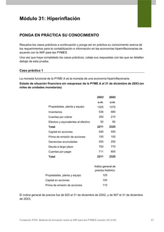 Módulo 31: Hiperinflación


PONGA EN PRÁCTICA SU CONOCIMIENTO

Resuelva los casos prácticos a continuación y ponga así en práctica su conocimiento acerca de
los requerimientos para la contabilización e información en las economías hiperinflacionarias de
acuerdo con la NIIF para las PYMES.
Una vez que haya completado los casos prácticos, coteje sus respuestas con las que se detallan
debajo de esta prueba.


Caso práctico 1

La moneda funcional de la PYME A es la moneda de una economía hiperinflacionaria.
Estado de situación financiera sin reexpresar de la PYME A al 31 de diciembre de 20X3 (en
miles de unidades monetarias)


                                                                   20X3       20X2
                                                                   u.m.       u.m.
                         Propiedades, planta y equipo              1325       1375
                         Inventarios                                536        680
                         Cuentas por cobrar                         300        210
                         Efectivo y equivalentes al efectivo          50        60
                         Total                                     2211       2325
                         Capital en acciones                        400        400
                         Prima de emisión de acciones               100        100
                         Ganancias acumuladas                       250        250
                         Deuda a largo plazo                        750        770
                         Cuentas por pagar                          711        805
                         Total                                     2211       2325


                                                                Índice general de
                                                                 precios histórico
                      Propiedades, planta y equipo                      125
                      Capital en acciones                               100
                      Prima de emisión de acciones                      110


El índice general de precios fue de 625 el 31 de diciembre de 20X2, y de 807 el 31 de diciembre
de 20X3.




Fundación IFRS: Material de formación sobre la NIIF para las PYMES (versión 2012-05)               47
 