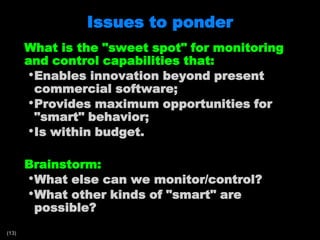 Issues to ponderWhat is the "sweet spot" for monitoring and control capabilities that:Enables innovation beyond present commercial software;Provides maximum opportunities for "smart" behavior;Is within budget.Brainstorm:What else can we monitor/control?What other kinds of "smart" are possible?
