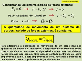 www.fisicaatual.com.br

 Considerando um sistema isolado de forças externas:
         FR  0             I  FR .t           I 0
      Pelo Teorema do Impulso                     I  QF  QI
         Como     I 0              QI  QF
  A quantidade de movimento de um sistema de
  corpos, isolado de forças externas, é constante.

                      QINICIAL  QFINAL
Para alterarmos a quantidade de movimento de um corpo devemos
aplicar-lhe um impulso. O impulso ou a força devem ser exercidos sobre
o corpo ou sistema de corpos por algo exterior ao corpo ou ao sistema.
Forças internas não contam. Uma pessoa sentada dentro de um carro
empurrando o painel, e este empurrando de volta, não altera a quantidade
de movimento do carro, pois essas forças são internas.
 