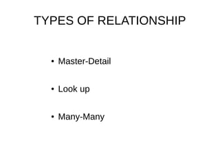 TYPES OF RELATIONSHIP
● Master-Detail
● Look up
● Many-Many
 