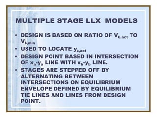 MULTIPLE STAGE LLX MODELS
• DESIGN IS BASED ON RATIO OF Vb,act TO
  Vb,min
• USED TO LOCATE ya,act
• DESIGN POINT BASED IN INTERSECTION
  OF xa-ya LINE WITH xb-yb LINE.
• STAGES ARE STEPPED OFF BY
  ALTERNATING BETWEEN
  INTERSECTIONS ON EQUILIBRIUM
  ENVELOPE DEFINED BY EQUILIBRIUM
  TIE LINES AND LINES FROM DESIGN
  POINT.
 
