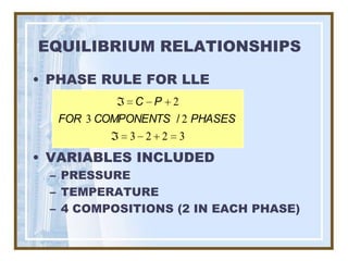 EQUILIBRIUM RELATIONSHIPS

• PHASE RULE FOR LLE
             C P 2
  FOR 3 COMPONENTS / 2 PHASES
            3 2 2   3
• VARIABLES INCLUDED
 – PRESSURE
 – TEMPERATURE
 – 4 COMPOSITIONS (2 IN EACH PHASE)
 