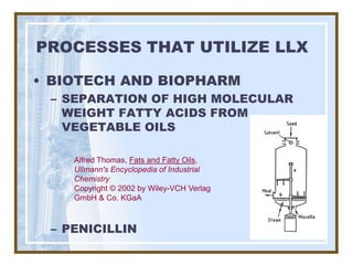 PROCESSES THAT UTILIZE LLX

• BIOTECH AND BIOPHARM
 – SEPARATION OF HIGH MOLECULAR
   WEIGHT FATTY ACIDS FROM
   VEGETABLE OILS

    Alfred Thomas, Fats and Fatty Oils,
    Ullmann's Encyclopedia of Industrial
    Chemistry
    Copyright © 2002 by Wiley-VCH Verlag
    GmbH & Co. KGaA



 – PENICILLIN
 