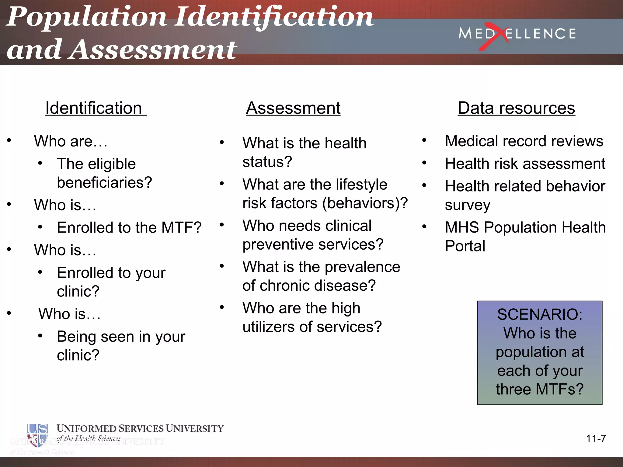 Population Identification
and Assessment
     Identification              Assessment                       Data resources
•   Who are…                 •   What is the health          •   Medical record reviews
    • The eligible               status?                     •   Health risk assessment
      beneficiaries?         •   What are the lifestyle      •   Health related behavior
•   Who is…                      risk factors (behaviors)?       survey
    • Enrolled to the MTF?   •   Who needs clinical          •   MHS Population Health
•   Who is…                      preventive services?            Portal
    • Enrolled to your       •   What is the prevalence
      clinic?                    of chronic disease?
•   Who is…                  •   Who are the high                       SCENARIO:
                                 utilizers of services?                  Who is the
    • Being seen in your
      clinic?                                                           population at
                                                                        each of your
                                                                        three MTFs?


                                                                                        11-7
 