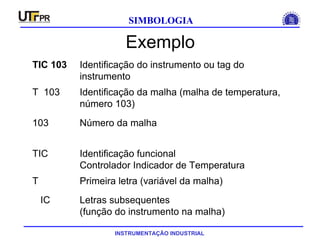INSTRUMENTAÇÃO INDUSTRIAL
SIMBOLOGIA
Exemplo
Letras subsequentes
(função do instrumento na malha)
IC
Primeira letra (variável da malha)T
Identificação funcional
Controlador Indicador de Temperatura
TIC
Número da malha103
Identificação da malha (malha de temperatura,
número 103)
T 103
Identificação do instrumento ou tag do
instrumento
TIC 103
 