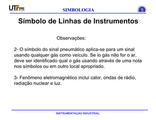 INSTRUMENTAÇÃO INDUSTRIAL
SIMBOLOGIA
Símbolo de Linhas de Instrumentos
Observações:
2- O símbolo do sinal pneumático aplica-se para um sinal
usando qualquer gás como veículo. Se io gás não for o ar,
deve ser identificado qual o gás usando através de uma nota
nos símbolos ou em outro local apropriado.
3- Fenômeno eletromagnético inclui calor, ondas de rádio,
radiação nuclear e luz.
 