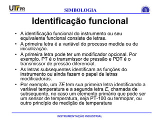 INSTRUMENTAÇÃO INDUSTRIAL
SIMBOLOGIA
Identificação funcional
• A identificação funcional do instrumento ou seu
equivalente funcional consiste de letras.
• A primeira letra é a variável do processo medida ou de
inicialização.
• A primeira letra pode ter um modificador opcional. Por
exemplo, PT é o transmissor de pressão e PDT é o
transmissor de pressão diferencial.
• As letras subsequentes identificam as funções do
instrumento ou ainda fazem o papel de letras
modificadoras.
• Por exemplo, um TE tem sua primeira letra identificando a
variável temperatura e a segunda letra E, chamada de
subsequente, no caso um elemento primário que pode ser
um sensor de temperatura, seja PT-100 ou termopar, ou
outro princípio de medição de temperatura
 