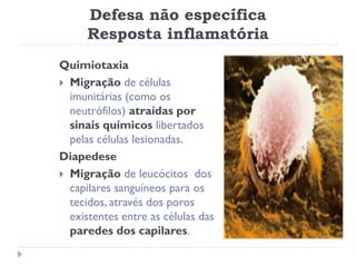 Defesa não específica
      Resposta inflamatória
Quimiotaxia
 Migração de células
  imunitárias (como os
  neutrófilos) atraídas por
  sinais químicos libertados
  pelas células lesionadas.
Diapedese
 Migração de leucócitos dos
  capilares sanguíneos para os
  tecidos, através dos poros
  existentes entre as células das
  paredes dos capilares.
 