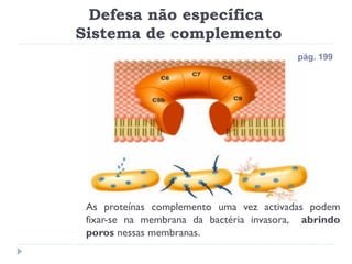 Defesa não específica
Sistema de complemento
                                          pág. 199




 As proteínas complemento uma vez activadas podem
 fixar-se na membrana da bactéria invasora, abrindo
 poros nessas membranas.
 