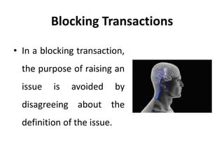 Blocking Transactions
• In a blocking transaction,
the purpose of raising an
issue is avoided by
disagreeing about the
definition of the issue.
 