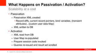 27 Copyright © 2013, Oracle and/or its affiliates. All rights reserved.
What Happens on Passivation / Activation?
•  Passivation
–  Passivation XML created
• Record diffs, current record pointers, bind variables, (transient
attributes) , (custom user data Map)
–  XML written to DB
•  Activation
–  XML read from DB
–  User Map re-populated
–  Prepare session code invoked
–  Queries re-issued and result set scrolled
Scalability at a cost
 