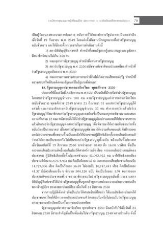 รายวิชาศาสนาและหนาที่พลเมือง (สค31002) << ระดับมัธยมศึกษาตอนปลาย>> 79
เปนผูรับสนองพระบรมราชโองการ หลังการที่ไดกระทําการรัฐประหารเปนผลสําเร็จ
เมื่อวันที่ 19 กันยายน พ.ศ. 2549 โดยแตงตั้งทีมงานนักกฎหมายเพื่อรางรัฐธรรมนูญ
ฉบับชั่วคราว และไดมีการตั้งหนวยงานในการดําเนินงานดังนี้
1) สภานิติบัญญัติแหงชาติ ทําหนาที่แทนรัฐสภาผูแทนราษฎรและวุฒิสภา
มีสมาชิกจํานวนไมเกิน 250 คน
2) คณะตุลาการรัฐธรรมนูญ ทําหนาที่แทนศาลรัฐธรรมนูญ
3) สภารางรัฐธรรมนูญ พ.ศ. 2550/สมัชชาแหงชาติของประเทศไทย ทําหนาที่
รางรัฐธรรมนูญฉบับถาวร พ.ศ. 2550
4) คณะกรรมการตรวจสอบการกระทําที่กอใหเกิดความเสียหายตอรัฐ ทําหนาที่
ตรวจสอบทรัพยสินอดีตคณะรัฐมนตรีในรัฐบาลที่ผานมา
18. รัฐธรรมนูญแหงราชอาณาจักรไทย พุทธศักราช 2550
ประกาศใชตั้งแตวันที่ 24 สิงหาคม พ.ศ.2550 เปนฉบับที่มีการจัดทํารางรัฐธรรมนูญ
โดยสภารางรัฐธรรมนูญจํานวน 100 คน ตามรัฐธรรมนูญแหงราชอาณาจักรไทย
(ฉบับชั่วคราว) พุทธศักราช 2549 มาตรา 25 ถึงมาตรา 31 และสภารางรัฐธรรมนูญได
แตงตั้งคณะกรรมาธิการยกรางรัฐธรรมนูญจํานวน 35 คน ทําการยกรางแลวสงราง
รัฐธรรมนูญใหสมาชิกสภารางรัฐธรรมนูญและองคกรซึ่งเปนคณะบุคคลพิจารณาและเสนอ
ความเห็นรวม 12 คณะ หลังจากนั้นไดนํารางรัฐธรรมนูญดังกลาวเผยแพรใหประชาชนทราบ
แลวนําเสนอรางรัฐธรรมนูญตอสภารางรัฐธรรมนูญ เพื่อพิจารณาใหความเห็นชอบรางทั้ง
ฉบับเรียงเปนรายมาตรา เมื่อสภารางรัฐธรรมนูญพิจารณาใหความเห็นชอบแลว จึงมีการเผย
แพรตอประชาชนเพื่อทราบทั้งฉบับและจัดใหประชาชนผูมีสิทธิเลือกตั้งออกเสียงประชามติ
วาจะใหความเห็นชอบหรือไมเห็นชอบรางรัฐธรรมนูญทั้งฉบับ พรอมกันทั้งประเทศ
เมื่อวันอาทิตยที่ 19 สิงหาคม 2550 ระหวางเวลา 08.00 ถึง 16.00 นาิกา ซึ่งเปน
การออกเสียงประชามติครั้งแรกในประวัติศาสตรการเมืองไทย การออกเสียงประชามติของ
ประชาชน ผูมีสิทธิเลือกตั้งทั้งประเทศจํานวน 45,092,955 คน มาใชสิทธิออกเสียง
ประชามติจํานวน 25,978,954 คน คิดเปนรอยละ 57.61 ผลการออกเสียงประชามติยอมรับ
14,727,306 เสียง คิดเปนรอยละ 56.69 ไมยอมรับ 10,747,441 เสียง คิดเปนรอยละ
41.37 มีบัตรเสียและอื่นๆ จํานวน 504,120 ฉบับ คิดเปนรอยละ 1.94 ผลการออก
ประชามติของประชาชนทั่วราชอาณาจักรยอมรับรางรัฐธรรมนูญฉบับนี้ ประธานสภา
นิติบัญญัติแหงชาติไดนํารางรัฐธรรมนูญขึ้นทูลเกลาทูลกระหมอมถวายแดพระบาทสมเด็จ
พระเจาอยูหัวฯ ทรงลงพระปรมาภิไธย เมื่อวันที่ 24 สิงหาคม 2550
จากการปฏิบัติดังกลาวจึงเปนประวัติศาสตรชาติไทยวา ไดมอบสิทธิและอํานาจให
ประชาชนชาวไทยใหมีการออกเสียงลงประชามติวาจะยอมรับหรือไมยอมรับรางรัฐธรรมนูญ
แหงราชอาณาจักรไทยเปนครั้งแรกของประเทศไทย
รัฐธรรมนูญแหงราชอาณาจักรไทย พุทธศักราช 2550 มีผลบังคับใชเมื่อวันที่ 24
สิงหาคม 2550 มีสาระสําคัญที่แกไขเพิ่มเติมไปจากรัฐธรรมนูญ 2540 หลายประเด็น ดังนี้
 