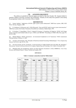 International Refereed Journal of Engineering and Science (IRJES)
ISSN (Online) XXXX-XXXX, (Print) XXXX-XXXX
Volume X, Issue X (XXXXX 2014), PP.
VII. ACKNOWLEDGEMENT
The authors are grateful for financial support provided by Sida from Sweden. Mr. Sospeter Gabriel is
grateful to Mbeya University of Science and Technology, Tanzania, for the study leave granted to him during
his postgraduate studies at the University of Dar es Salaam.
REFERENCES
[1] Gunnar Asplund., “Application of HVDC Light to power system enhancement” ABB Power systems, ABB, IEEE
Winter Meeting, Singapore, 2000.
[2] R. Grünbaum, B. Halvarsson and A. Wilk-Wilczynski, “Facts and HVDC Light for power system interconnectins,”
ABB Power systems AB, Sweden. Presented at PowerDelivery Conference, Madrid, Spain, 1999.
[3] B. Jacobson, Y. Jiang-Häfner, P. Rey G. Asplund, M. Jeroense, A. Gustafsson, M. Bergkvist, “HVDC with Voltage
Source Converters and Extruded Cables for up to ±300 Kv and 1000 MW,” Proceedings of CIGRE 2006, Paris, paper No.
B4-105, 2006.
[4] Michael Bahman, “HVDC Transmission : An Economical Complement to AC Transmissio,” WECC transmission
Planning Seminar, February 2-3, 2009.
[5] Al-Alawi. S.M and Islam, S.M, “Principles of Electricity demand Forecasting I Methodologies,” Power Engineering
Journal, Vol 10, No 3, pp 139-143, 1996.
[6] CH Jeevan Kumar and M, Veerakumar, “Load Forecasting of Andhra Pradesh Grid using PSO, DE Algorithms,”
International Journal of Advanced Research in Computer Engineering and Technology, Vol 1, Issue 9, November, 2012.
[7] Mitigating Risk and strengthening capacity for Rural Electricity Investment in Africa (MIRREIA), “List of key
Investors and Potential Projects”, Kenya, Tanzania and Uganda, 2005.
APPENDICES
Table 1. Customer connection trend for Mafia island
S/No. Months
Years
2008 2009 2010 2011 2012
1 January 1 1 5 5 10
2 February 1 4 1 9 10
3 March 0 2 6 6 29
4 April 0 0 2 4 16
5 May 1 2 3 3 9
6 June 6 1 6 2 9
7 July 1 5 2 6 8
8 August 0 3 5 8 2
9 September 0 0 15 6 6
10 October 1 5 5 3 15
11 November 5 4 3 9 23
12 December 4 2 4 7 1
Total 20 29 57 68 138
www.irjes.org 9 | Page
 