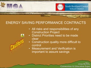 All risks and responsibilities of any Construction Project  District Priorities need to be made clear Construction quality more difficult to control Measurement and Verification is important to assure savings ENERGY SAVING PERFORMANCE CONTRACTS 