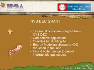 The result of consent degree from NYS DEC Competitive application Qualifies for Building Aid Energy Modeling showed a 40% reduction in fuel use  Hybrid boiler design to permit interruptible gas service NYS DEC GRANT 