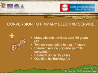 Many electric services over 40 years old Two services failed in last 10 years Planned service upgrade permits conversion Payback under 15 years Qualifies for Building Aid CONVERSION TO PRIMARY ELECTRIC SERVICE 