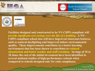 Facilities designed and constructed to be NY-CHPS compliant will  provide significant cost savings over the life of a building .  A NY-CHPS compliant school also will have improved classroom features, such as natural daylighting and improved indoor environmental quality.  These improvements contribute to a better learning environment that has been shown to contribute to  reduced absenteeism and better teacher and staff retention .  Savings of 10 to 20 times the cost of the initial investment have been identified in several national studies of high-performance schools when compared to schools designed only for code compliance. 