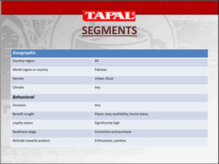 SEGMENTS
Geographic
Country region All
World region or country Pakistan
Density Urban, Rural
Climate Any
Behavioral
Occasion Any
Benefit sought Flavor, easy availability, brand status.
Loyalty status Significantly high
Readiness stage Conviction and purchase
Attitude towards product Enthusiastic, positive.
 