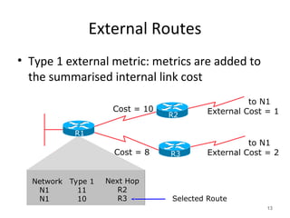 External Routes
• Type 1 external metric: metrics are added to
the summarised internal link cost
13
Network
N1
N1
Type 1
11
10
Next Hop
R2
R3
Cost = 10
to N1
External Cost = 1
to N1
External Cost = 2
Cost = 8
Selected Route
R3
R1
R2
 