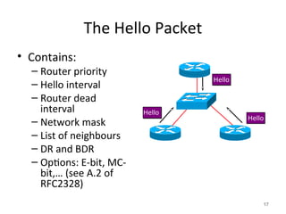 The Hello Packet
• Contains:
– Router priority
– Hello interval
– Router dead
interval
– Network mask
– List of neighbours
– DR and BDR
– Options: E-bit, MC-
bit,… (see A.2 of
RFC2328)
17
Hello
Hello
Hello
 