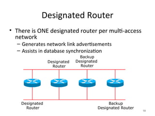 Designated Router
• There is ONE designated router per multi-access
network
– Generates network link advertisements
– Assists in database synchronization
18
Designated
Router
Designated
Router
Backup
Designated Router
Backup
Designated
Router
 