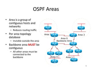OSPF Areas
• Area is a group of
contiguous hosts and
networks
– Reduces routing traffic
• Per area topology
database
– Invisible outside the area
• Backbone area MUST be
contiguous
– All other areas must be
connected to the
backbone
8
Area 1
Area 2 Area 3
R1 R2
R3
R6
Area 4
R5 R4
R7
R8
Ra
Rd
Rb
Rc
Area 0
Backbone Area
 