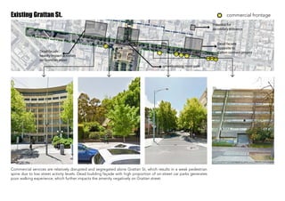 Commercial services are relatively disrupted and segregated alone Grattan St, which results in a weak pedestrian
spine due to low street activity levels. Dead building façade with high proportion of on-street car parks generates
poor walking experience, which further impacts the amenity negatively on Grattan street.
Existing Grattan St.
Inactivated street
occupied by on street car parks
unwelcoming main gate
Very poor experience
of arrival
Potential for
secondary entrance
Dead facade
opposite to
Calton connect projectDead facade
heavily impact activities
on Granttan street
High and the campus
commercial frontage
 