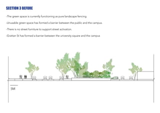 SECTION 3 BEFORE
-The green space is currently functioning as pure landscape fencing.
-Unusable green space has formed a barrier between the public and the campus.
-There is no street furniture to support street activation.
-Grattan St has formed a barrier between the university square and the campus
5M
 
