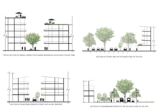 TYPICAL SECTION OF GREEN CONNECTON IN MIXED RESIDENTIAL BLOCK WITH POCKET PARK
SECTION OF PEDESTRIAN ORIENTED STREET WITH SLOW TRANPORT
SECTION OF STUART HWY ON THE NORTH SIDE OF THE SITE
SECTION OF TIGER BRENNAN DR WITH PT ON THE SOUTH SIDE OF THE SITE
 