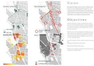 BUIDLING DENSITY
TRANSIT ORIENTED
POINT
M O V E M E N T
B U I LT F O R M
O P E N S PA C E S
GREEN CORRIDOR
PUBLIC PARK
PRESERVATION AREA
SUPERBLOCK
V i s i o n
Re-define St. Kilda Junction and St. Kilda South
to be an iconic cultural and the heart of a new
intregrated precinct of pedestrian friendly public
urban spaces for the existing and future commu-
nities that is connected to its environment.
O b j e c t i v e s
Increase density in order to activate the ameni-
ties around this area that lead to more engaged
community members yielding benefits relating
to public participation and involvement in com-
munity outcomes.
Enhance community integration by being acces-
sible, welcoming, green and sustainable as well
as providing more friendly pedestrian, cycling
network and well being outcomes such as com-
munity meeting spaces
Introduce public activity center (nodes) to ensure
the
stability of urban ow in that area
Restore public life to the street
Provide for long term employment and housing
needs at a suitable scales
 