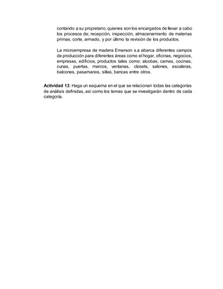 contando a su propietario, quienes son los encargados de llevar a cabo
los procesos de; recepción, inspección, almacenamiento de materias
primas, corte, armado, y por último la revisión de los productos.
La microempresa de madera Emerson s.a abarca diferentes campos
de producción para diferentes áreas como el hogar, oficinas, negocios,
empresas, edificios, productos tales como: alcobas, camas, cocinas,
cunas, puertas, marcos, ventanas, closets, salones, escaleras,
balcones, pasamanos, sillas, bancas entre otros.
Actividad 13: Haga un esquema en el que se relacionan todas las categorías
de análisis definidas, así como los temas que se investigarán dentro de cada
categoría.
 