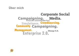 Über mich

                       Corporate Social
     Campaigning. .Media.
          Innovationsnetzwerke
       Simulationen. Crowdsourcing.
    Community Campaigning.
   Management.               Change 2.0.
        Enterprise 2.0.
 