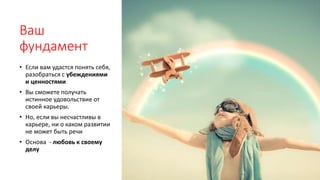 Ваш
фундамент
• Если вам удастся понять себя,
разобраться с убеждениями
и ценностями
• Вы сможете получать
истинное удовольствие от
своей карьеры.
• Но, если вы несчастливы в
карьере, ни о каком развитии
не может быть речи
• Основа - любовь к своему
делу
 