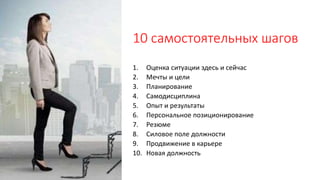 10 самостоятельных шагов
1. Оценка ситуации здесь и сейчас
2. Мечты и цели
3. Планирование
4. Самодисциплина
5. Опыт и результаты
6. Персональное позиционирование
7. Резюме
8. Силовое поле должности
9. Продвижение в карьере
10. Новая должность
 