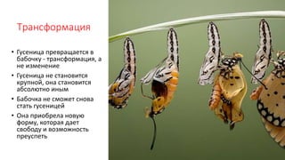 Трансформация
• Гусеница превращается в
бабочку - трансформация, а
не изменение
• Гусеница не становится
крупной, она становится
абсолютно иным
• Бабочка не сможет снова
стать гусеницей
• Она приобрела новую
форму, которая дает
свободу и возможность
преуспеть
 