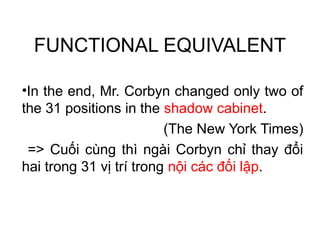 FUNCTIONAL EQUIVALENT
•In the end, Mr. Corbyn changed only two of
the 31 positions in the shadow cabinet.
(The New York Times)
=> Cuối cùng thì ngài Corbyn chỉ thay đổi
hai trong 31 vị trí trong nội các đối lập.
 