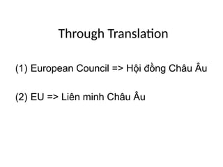 Through Translation
(1) European Council => Hội đồng Châu Âu
(2) EU => Liên minh Châu Âu
 