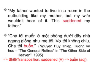  “My father wanted to live in a room in the
outbuilding like my mother, but my wife
wouldn’t hear of it. This saddened my
father.”
 “Cha tôi muốn ở một phòng dưới dãy nhà
ngang giống như mẹ tôi. Vợ tôi không chịu.
Cha tôi buồn.” (Nguyen Huy Thiep, Tuong ve
huu – “The General Retires” in “The Other Side of
Heaven”, 1995)
=> Shift/Transposition: saddened (V) => buồn (adj)
 