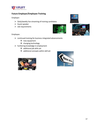 17
Future Employer/Employee Training
Employer:
 Daily/weekly live streaming of training candidates
 Guest speaker
 Job requirements
Employee:
 continued training for business integrated advancements
 new equipment
 changing technology
 furthering knowledge in employment
 additional job skills set
 additional concepts within skill set
 