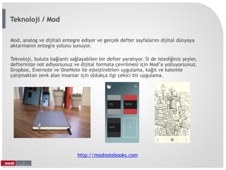 Mod, analog ve dijitali entegre ediyor ve gerçek defter sayfalarını dijital dünyaya
aktarmanın entegre yolunu sunuyor.
Teknoloji, buluta bağlantı sağlayabilen bir defter yaratıyor. Si de istediğiniz şeyler,
defterinize not ediyorsunuz ve dijital formata çevrilmesi için Mod’a yolluyorsunuz.
Dropbox, Evernote ve OneNote ile eşleştirebilen uygulama, kağıt ve kalemle
çalışmaktan zevk alan insanlar için oldukça ilgi çekici bir uygulama.
http://modnotebooks.com
Teknoloji / Mod
 