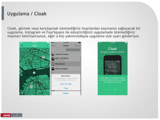 Cloak, görmek veya karşılaşmak istemediğiniz insanlardan kaçmanızı sağlayacak bir
uygulama. Instagram ve FourSquare ile eşleştirdiğiniz uygulamada istemediğiniz
insanları belirliyorsunuz, eğer o kişi yakınınızdaysa uygulama size uyarı gönderiyor.
Uygulama / Cloak
 