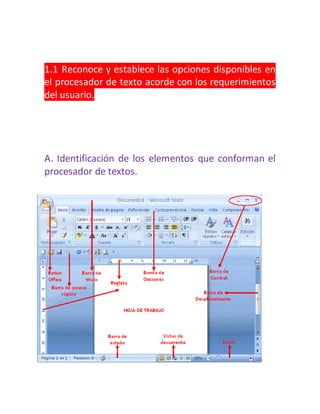 1.1 Reconoce y establece las opciones disponibles en 
el procesador de texto acorde con los requerimientos 
del usuario. 
A. Identificación de los elementos que conforman el 
procesador de textos. 
 