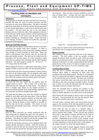 Process, Plant and Equipment UP-TIME
                        F o r     p l a n t       o p e r a t o r s          a n d      m a i n t a i n e r s
    From www.feedforward.com.au – Teaching engineering to plant operators and maintainers so they can solve problems and improve reliability.

        Tracking belts on elevators and                                     the structure. There are three common methods to join the
                                                                            ends of bucket belts - overlap, butt and strap and turn-up
                  conveyors.                                                clamp. Figure No. 1 shows the joining methods.
ABSTRACT
Tracking belts on bucket elevators and short belt conveyors.
Flexible flat belts are used on bucket elevators and belt
conveyors to carry loose, bulk product. The belt is stretched
tight from head drum to tail drum and the friction generated
on the turning head drum is used to drive the belt and carry
the product. The belt must run true on the end pulleys
(drums) and stay within the sides of the equipment structure.
If the belt runs off the drums, buckets will be destroyed and
belt edges frayed. In the worst cases the belt runs off the
pulleys resulting in a breakdown repair. Proper and long-
lived tracking of belts is critical for trouble-free operation.
Keywords: belt alignment,
Head and Tail Pulley Designs                                                          Figure No 1. Joining Bucket Elevator Belts.
The head and tail drums on belt bucket elevators and short
                                                                            Insure joins are square to the running direction of the belt so
conveyors are usually solid steel cylinders. A shaft is
                                                                            that the belt runs as straight and true as possible.
mounted thorough them at the center and extending outward
long enough to mount bearings on both sides. Often the                      Drum Crowning
shell is steel pressure pipe and the ends are cut from flat                 Belt tracking is greatly improved when one of the drums is
plate and welded in place. The shaft can be welded into the                 crowned. The drive pulley is the one usually crowned
end plates, but for easy repair, it is best mounted in taper                though the bottom drum can also be used. Only one of the
locks that are welded to the end plates and the shaft clamped               drums is crowned and not both. Crowning allows the natural
into them. The shell length is usually 25 – 40 mm (1” – 1-                  elasticity of the belt to act like a spring and pull the belt back
1/2”) longer than the belt width                                            down the rise of the crown if it starts to wander to one side.
                                                                            The height of the crown is 1% to 2% of the belt width.
Where additional friction is required the head pulley can be
lagged in rubber or grooved with a 45o herring bone pattern.                Tracking Belts in Place
                                                                            Once the belt is installed and pulled tight, the distance
On belt bucket elevators carrying powdered or dusty product
                                                                            between drum shafts is measured on both sides and
the shell on the bottom pulley can be replaced with round
                                                                            positioned the same distance apart. The belt is run unloaded
bars spaced around the end plates so that the gaps between
                                                                            and if it wanders the tail pulley is adjusted and made tighter
them allow the product to fall out and the pulley self-cleans.
                                                                            on the side the belt moves toward. The basic rule is that the
Drum Adjustment and Alignment                                               belt moves toward the slack side and away from the tight
To insure the belt runs central the two pulleys must be                     side (this is also why crowning one pulley works). Another
aligned center to center. This is done with a string line                   way to look at it is that the belt goes from the high-energy
stretched from the mid-point on both drums. The distance                    side (tight) to the low-energy side (loose).
from a straight edge datum on the support structure is
                                                                            Once the unloaded belt is running true product is then
measured and the position of the shaft bearings adjusted until
                                                                            introduced onto it. If the belt wanders under load the tail
the string lines up with the straight datum edge.
                                                                            pulley is further adjusted as was done when set-up unloaded.
The head and tail pulley axes must also initially be aligned
                                                                            Only tension the belt enough to insure it does not slip under
parallel to each other and in the same plane. Once the drum
                                                                            full load. Over-tensioning the belt rips the internal fibers
centers are inline the centerline distance on both sides from
                                                                            and the belt stretches and creeps continuously.
shaft to shaft is measured from a datum line on the support
structure. Bring the drums as close together as possible so                 All snub rollers, carrying rollers and return rollers must be
that the belt can be later stretched. The drums are now                     square to the centerline of the belt and parallel to each other.
aligned both horizontally and axially. The belt is then fitted              Check this by measuring diagonals, which should be equal.
on the pulleys.
                                                                            Some times the belt can take on a ‘banana’ shape or
Belt Joining                                                                ‘crescent’ camber along its length. Usually this is a sign of
Belts for short conveyors are usually purchased with the                    uneven internal fibre lengths. In this case the belt wanders
ends joined and are slipped into place over the pulleys. A                  from side to side during a rotation and little can be done to
splice at 45o to the belt running direction and not square is               control it except to get it running as near to center as
preferred. This allows the edge to lead into the scrapper and               possible. Depending on the severity of the ‘banana’ it may
lessens the chance of the join catching and ripped.                         even require that one of the drums be offset from the center-
                                                                            to-center alignment so that the belt stays on the pulleys. If
The belt for belt bucket elevators can be supplied either with
                                                                            the camber exceeds 1% of the belt length replace it.
buckets already mounted or without. Once the buckets are
mounted it must be fed into the structure from the top and                  It can also be useful to install ‘digging’ buckets every tenth
the ends of the belt joined later through a hatch in the wall of            bucket. These buckets are slightly oversize in length and

FEED FORWARD PUBLICATIONS, PO Box 578, BENTLEY, West Australia, 6102 Web: www.feedforward.com.au E-mail: info@feedforward.com.au
         Because the authors, publisher and resellers do not know the context in which the information presented in the flyer is to be
            used they accept no responsibility for the consequences of using the information contained or implied in any articles.
 