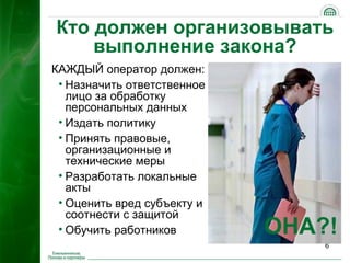 Кто должен организовывать
    выполнение закона?
КАЖДЫЙ оператор должен:
 • Назначить ответственное
   лицо за обработку
   персональных данных
 • Издать политику
 • Принять правовые,
   организационные и
   технические меры
 • Разработать локальные
   акты
 • Оценить вред субъекту и
   соотнести с защитой
 • Обучить работников        ОНА?!
                                 6
 