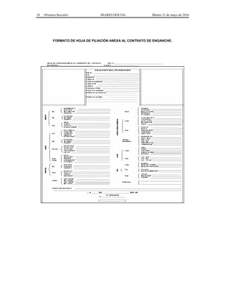 18 (Primera Sección) DIARIO OFICIAL Martes 31 de mayo de 2016
FORMATO DE HOJA DE FILIACIÓN ANEXA AL CONTRATO DE ENGANCHE.
 